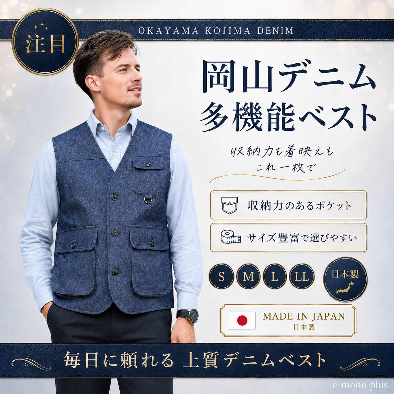 国産 岡山デニム多機能ベスト