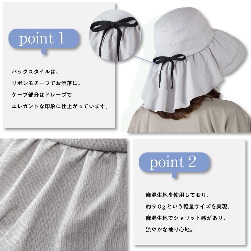 長めのつばで顔まわりを日陰にする帽子